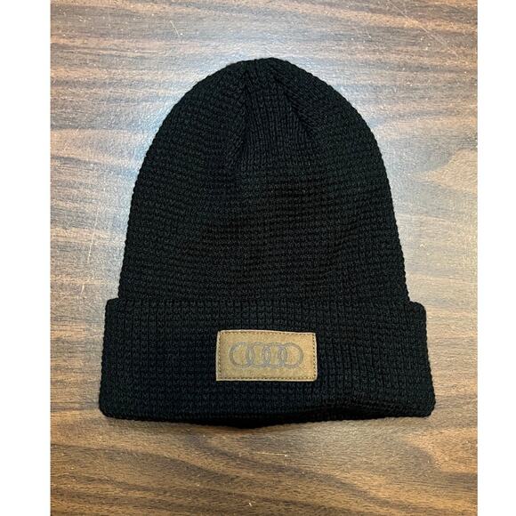 Other - Black Knit Beanie Hat with Leather Patch Logo – Unisex Winter Cuffed Beanie
